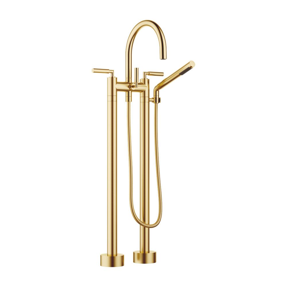 Robinetterie de baignoire à deux trous Dornbracht Tara, installation libre avec pommeau de douche manuel, orientable, 220 mm, 22 l/min, laiton brossé 23 carats or, 25943882-28