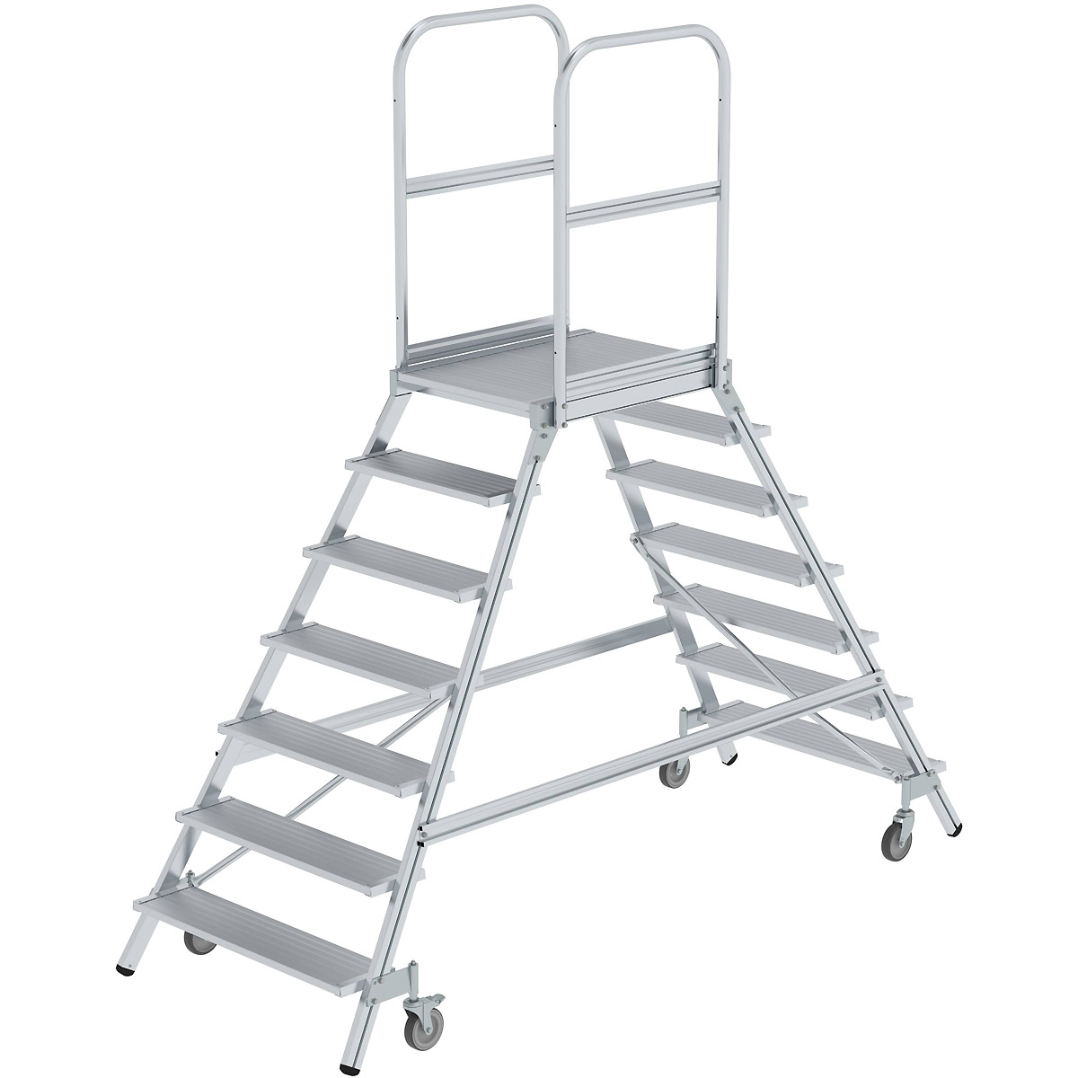 Escalier de plateforme Munk à double accès avec roulettes à ressort en aluminium strié