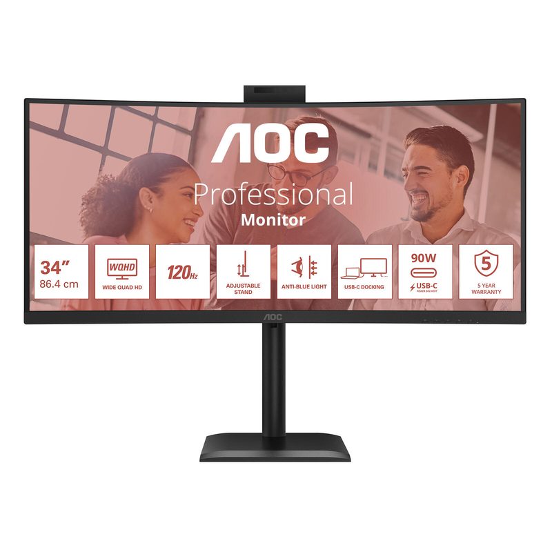Écran incurvé AOC CU34E4CW UWQHD 86,4 cm (34") UWQHD, panneau VA, 4 ms, 120 Hz, 1500R, HDMI, DisplayPort, USB