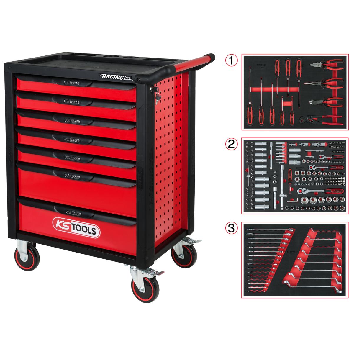 Chariot d'atelier KS Tools RACINGline noir-rouge avec 7 tiroirs et 215 outils premium