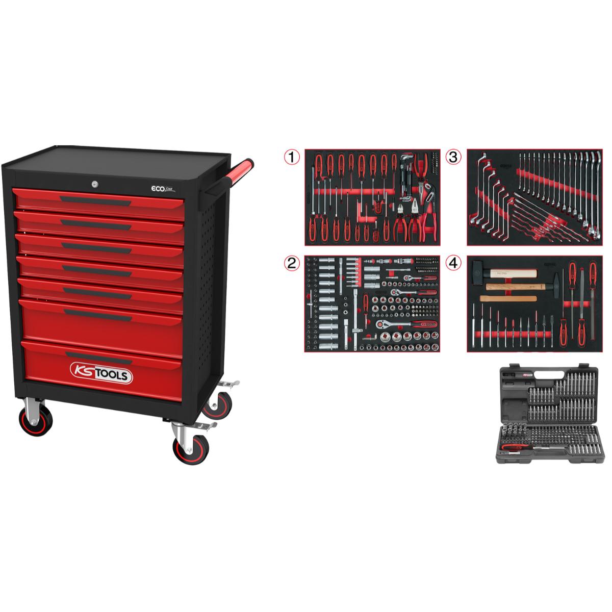 Chariot d'atelier KS Tools ECOline NOIR/ROUGE avec 7 tiroirs et 515 outils premium