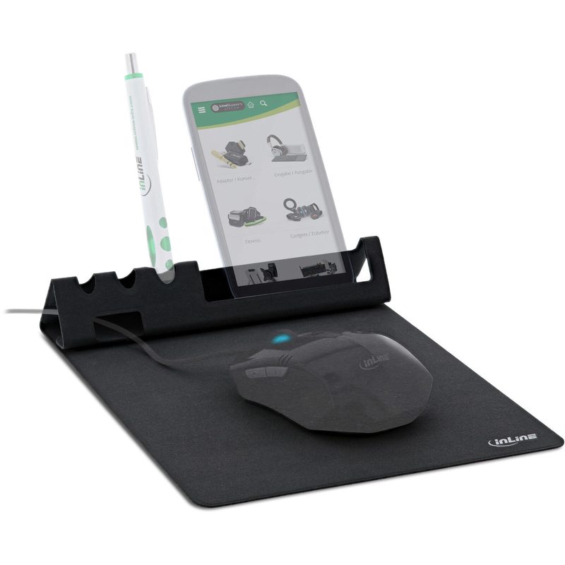 Tapis de souris multifonction InLine avec support téléphone et rangement pour stylos, noir, pliable