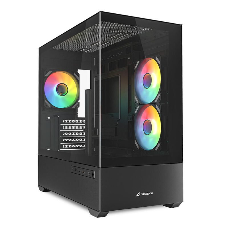 Boîtier PC Sharkoon MK6 RGB Black Micro-ATX noir 2x USB 3, 1x Type-C, TRRS, 2x verre trempé, 3x ventilateurs 120 mm ARGB PWM, contrôleur ARGB