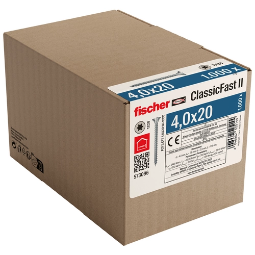 Vis pour panneaux de particules Fischer 4,0x20 ClassicFast FCF II CTF BC, tête fraisée, empreinte TX, bleu passivé