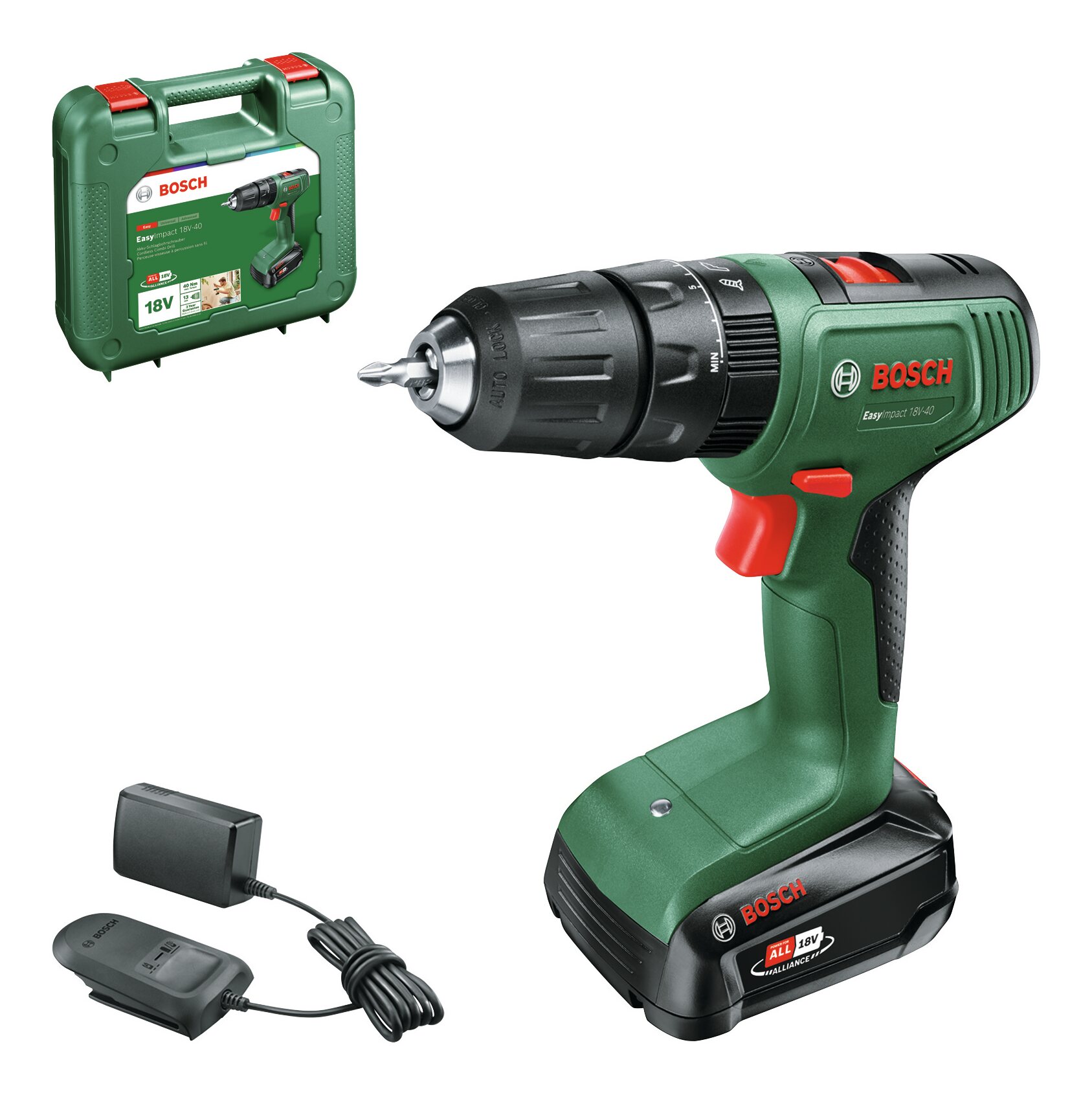 BOSCH EasyImpact 18V-40 (1x1,5Ah)+AL18V-20 Perceuse-visseuse à percussion 2 vitesses