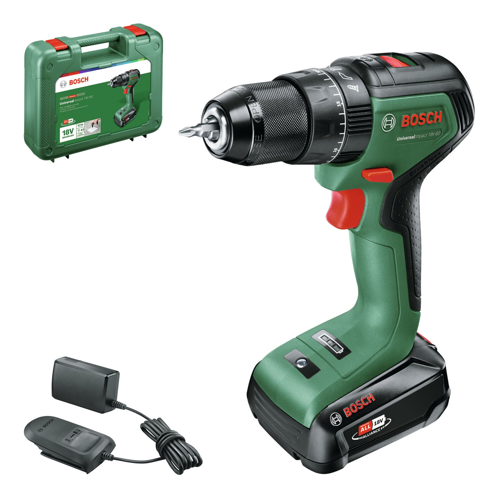 BOSCH UniversalImpact 18V-60 (1x2,0Ah) + AL18V Perceuse-visseuse à percussion 2 vitesses 06039D7101