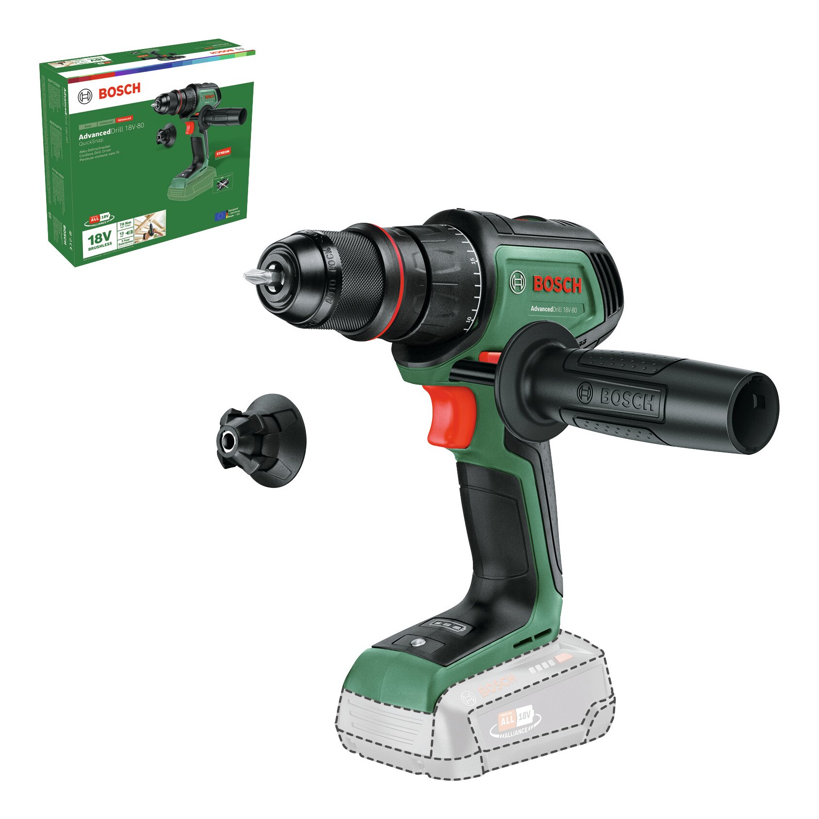Bosch AdvancedDrill 18V-80 QuickSnap - Perceuse-visseuse sans fil 18 V (sans batterie/ chargeur) 06039E2000