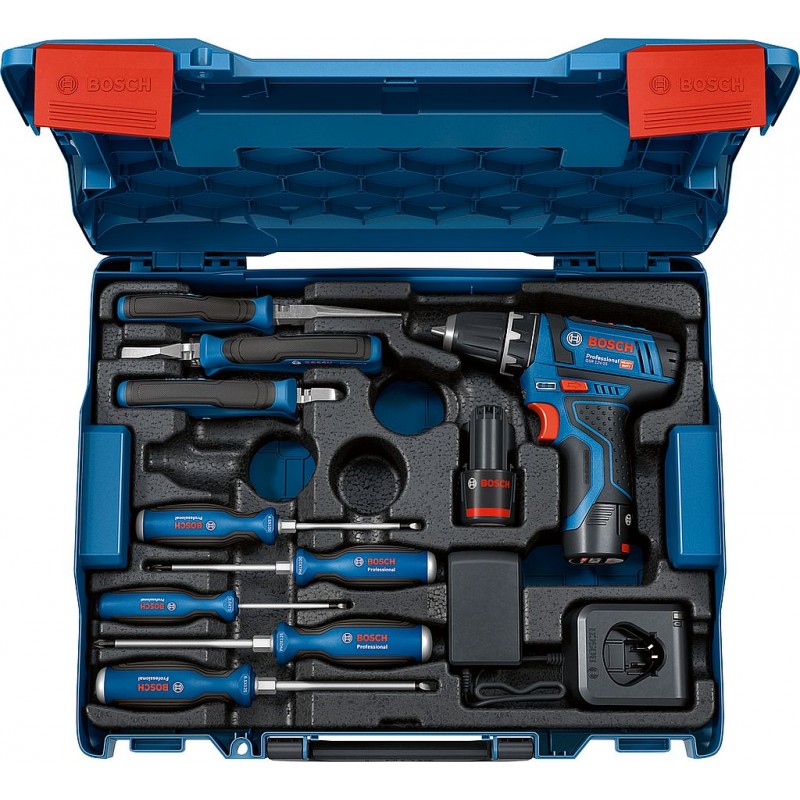 BOSCH GSR 12V-15 Professional 2 x 2,0 Ah + Chargeur + Outillage manuel 060186810R