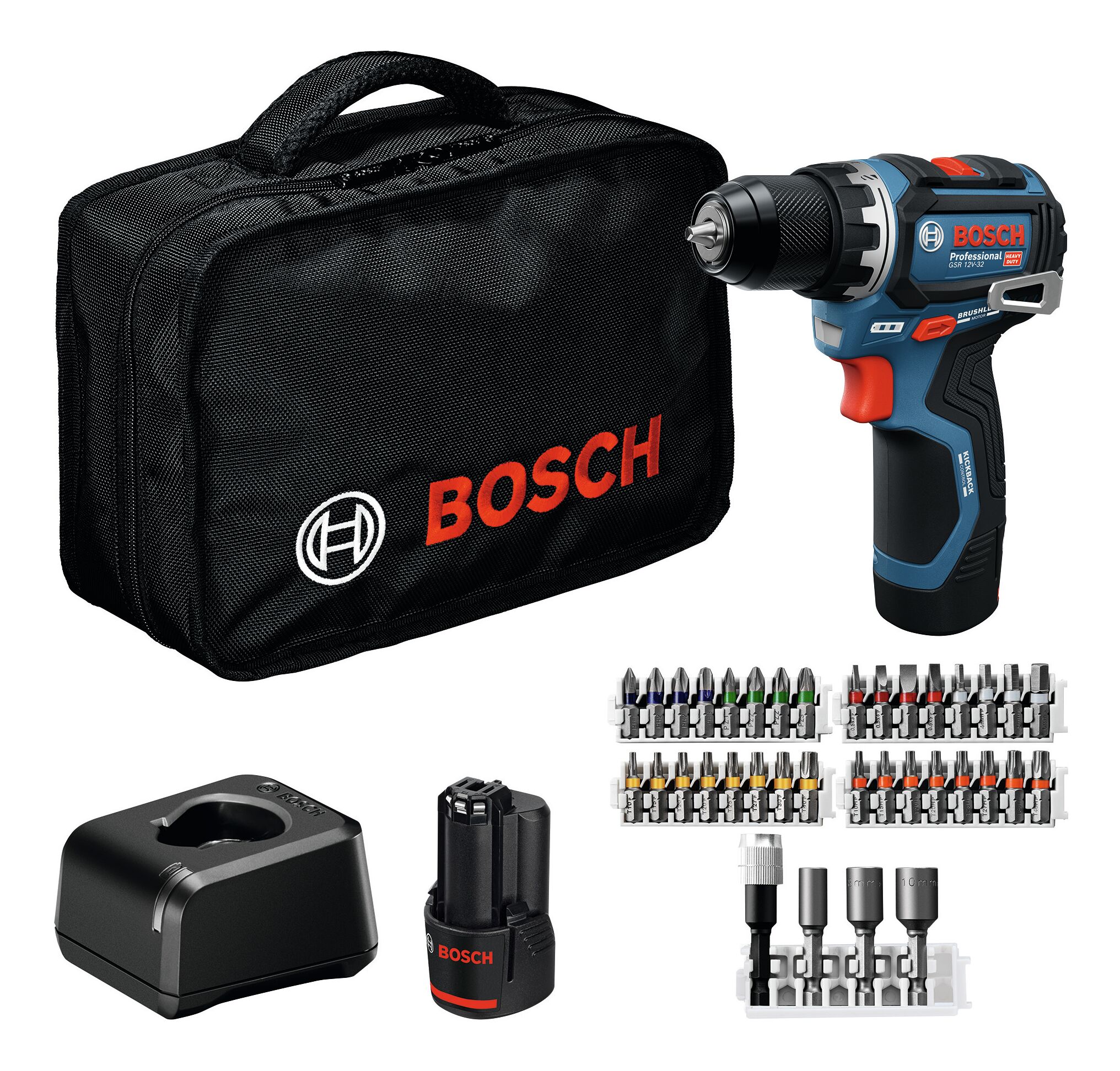 BOSCH GSR 12V-32 PROFESSIONAL Perceuse-visseuse sans fil, 2x 2,0 Ah, sac à outils 06019N7004
