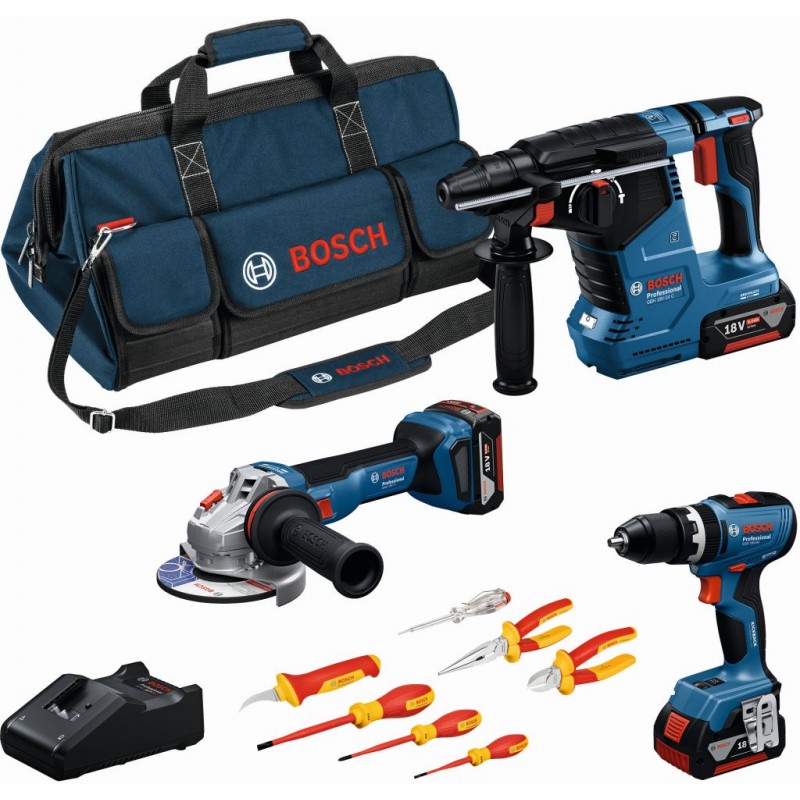Ensemble d'outils Bosch Professional GSB+GWS+GBH+3 batteries 5,0 Ah + tournevis et pinces 0615A5007H