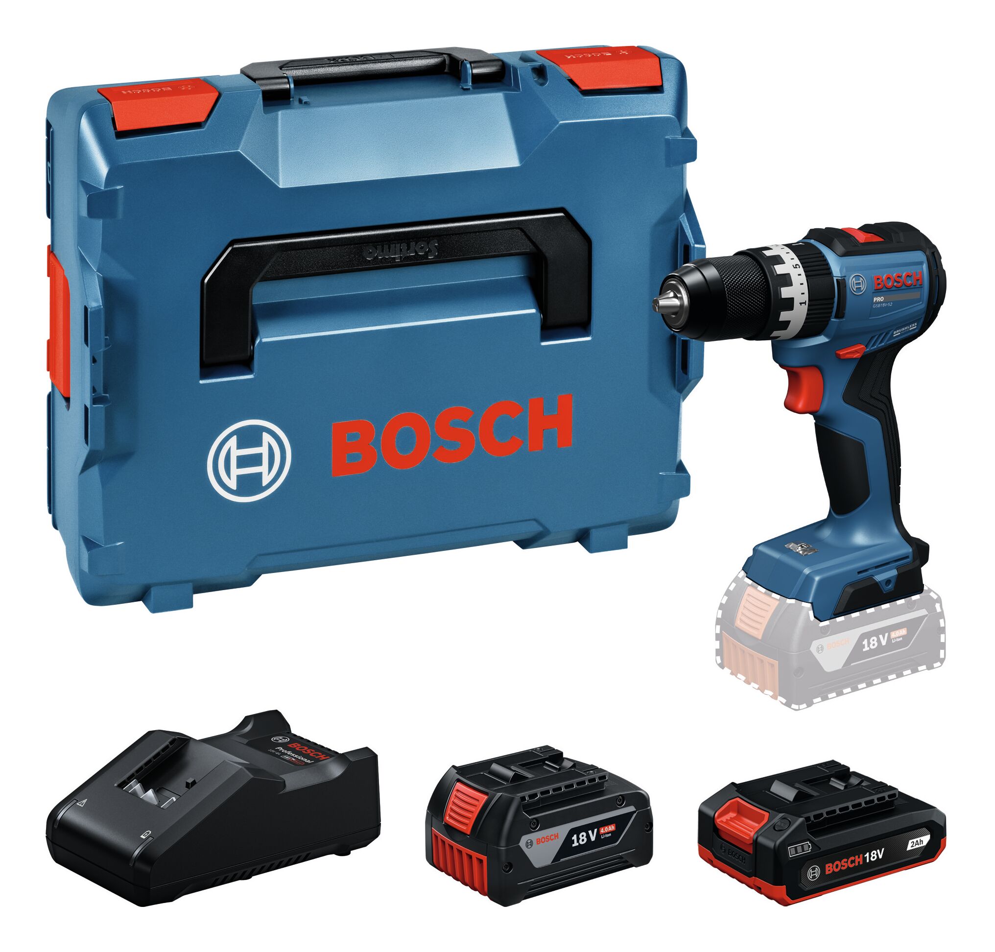 BOSCH Perceuse-visseuse à percussion sans fil GSB18V-52 PROFESSIONAL, 2,0Ah+4,0Ah, L-BOXX 06019S0122