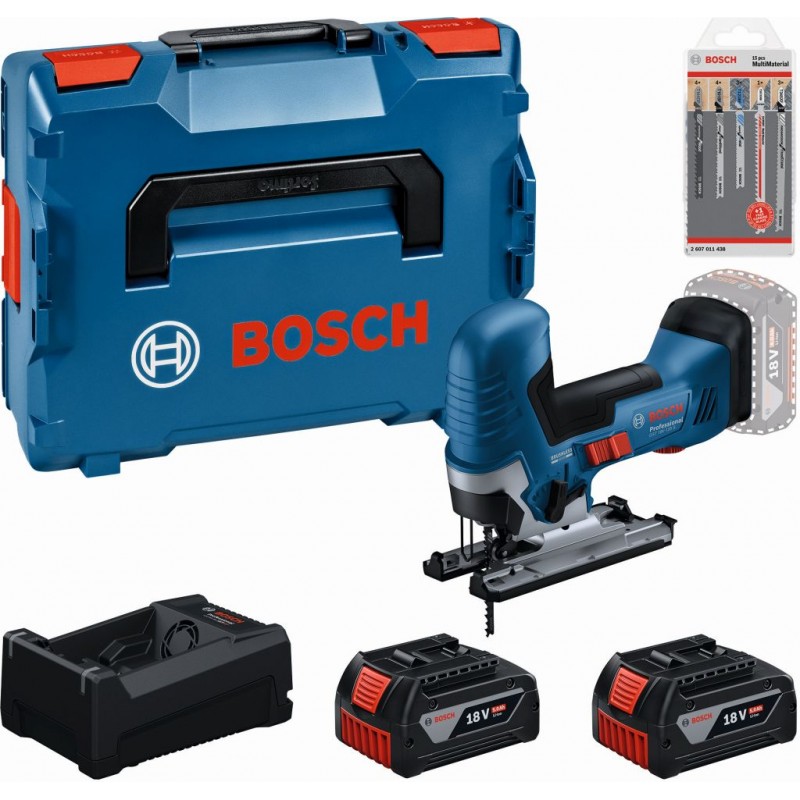BOSCH Set d'outils PROFESSIONAL GST 18V-125 S + 2×5,0 Ah + jeu de lames de scie sauteuse 0615A500E5