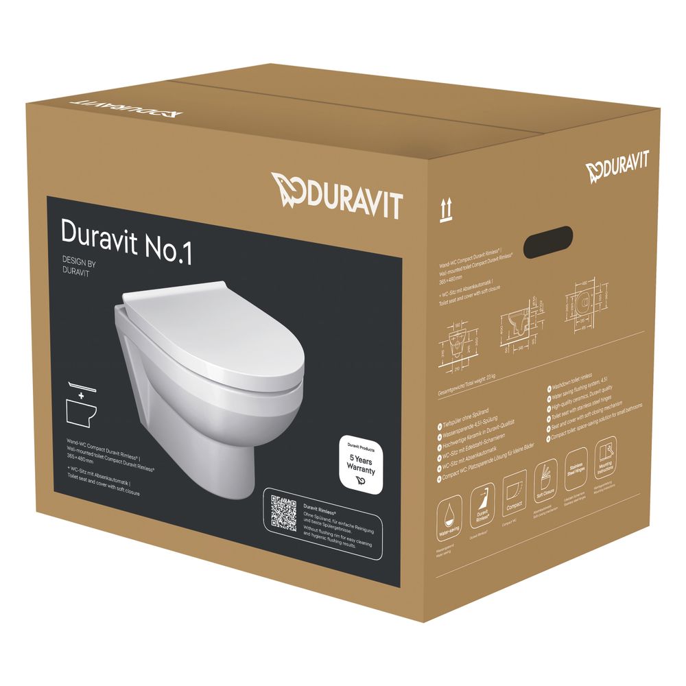 Duravit Set WC No.1 mural, cuvette WC, siège WC Compact, blanc brillant, bord de chasse rimless, sortie horizontale, volume de chasse 4,5 l