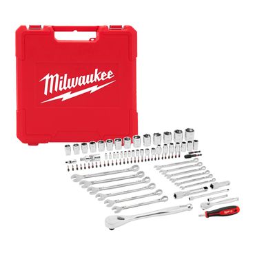 Jeu de clés à cliquet, à douilles et à fourches Milwaukee 1/4" & 1/2", 87 pièces, en coffret