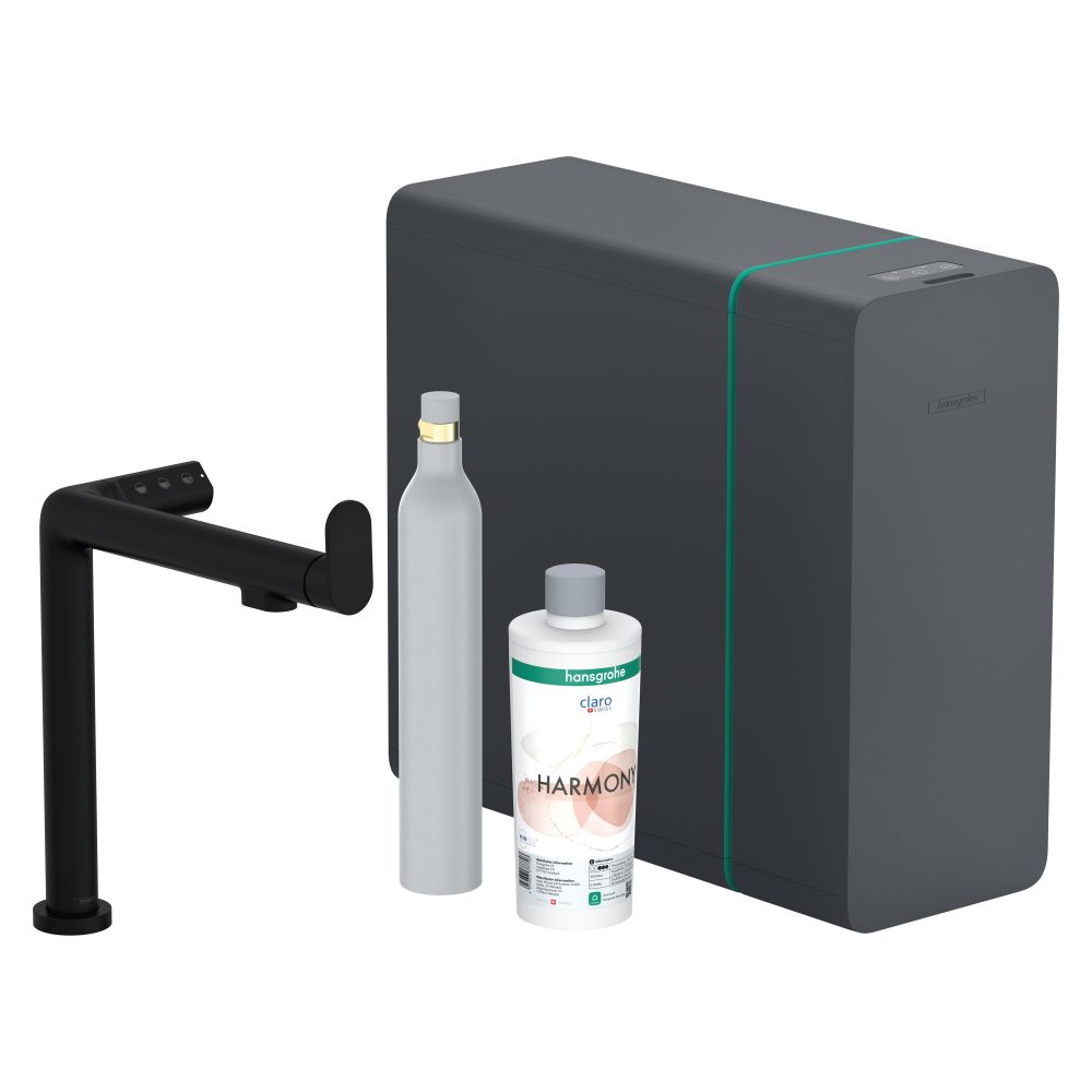 Système d'eau pétillante Hansgrohe Aqittura SodaSystem M91, mitigeur de cuisine monotrou 240 mm, 6,5 l/min, jet unique, set de démarrage, noir mat