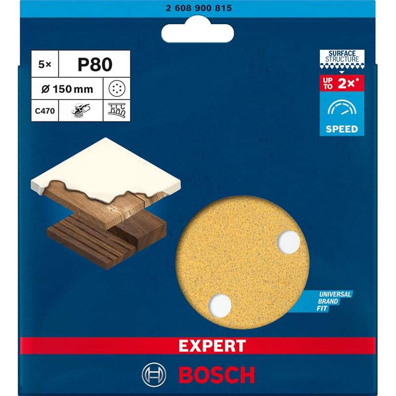 Papier de verre Bosch 5x Expert C470 à trous pour ponceuse excentrique 150 mm G 80 - 2608900815 — lot de 5 pièces