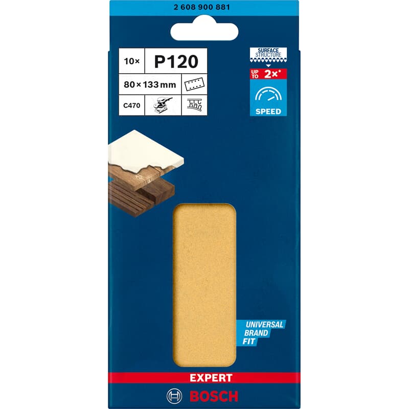 Bosch 10x Expert C470 Papier de verre avec 8 trous pour ponceuse vibrante 80 x 133 mm G 120 - 2608900881 — lot de 10 pièces