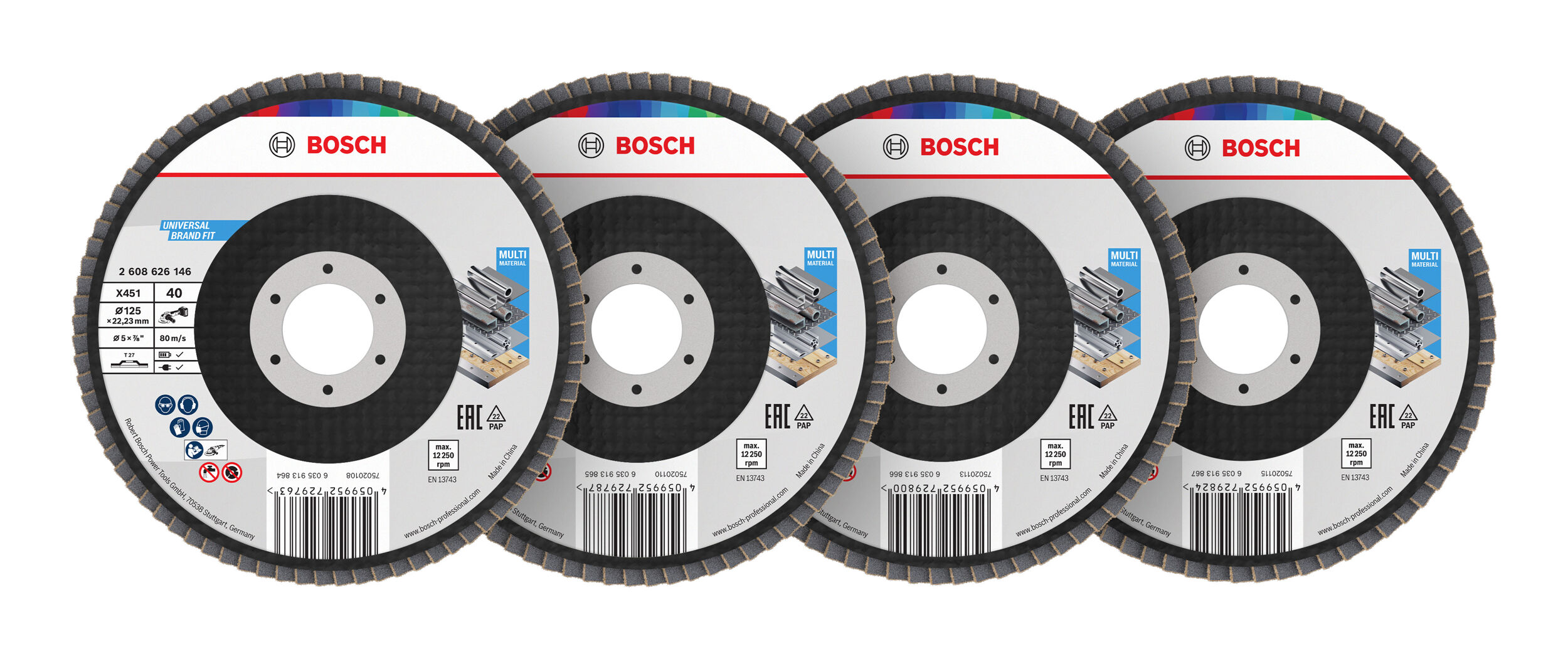 Set de disques de ponçage à lamelles BOSCH X451, 125x22,23 mm, G40; 60; 80; 120, T27 2608626164