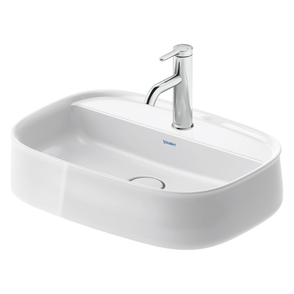 Bassin Geberit Zencha à poser 550 mm, blanc brillant, DuraCeram®, rectangulaire, avec bandeau de robinetterie, sans trop-plein