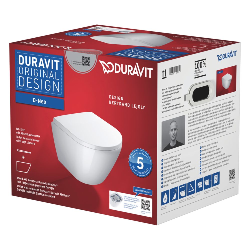 Duravit Set WC mural D-Neo, cuvette, abattant, blanc brillant, 4,5 l, avec mécanisme de fermeture silencieuse, chasse profonde, sans rebord, horizontal