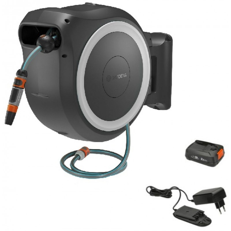 GARDENA PowerRoll XXL Ready-to-use Set Coffre mural à enrouleur sur batterie, 40 m