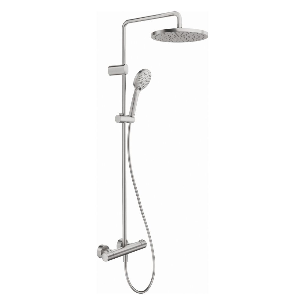 Duravit Shower Systems Système de douche en acier inoxydable brossé, mitigeur thermostatique, pommeau fixe 250 mm, 9 l/min, réglable en hauteur, 1124 mm