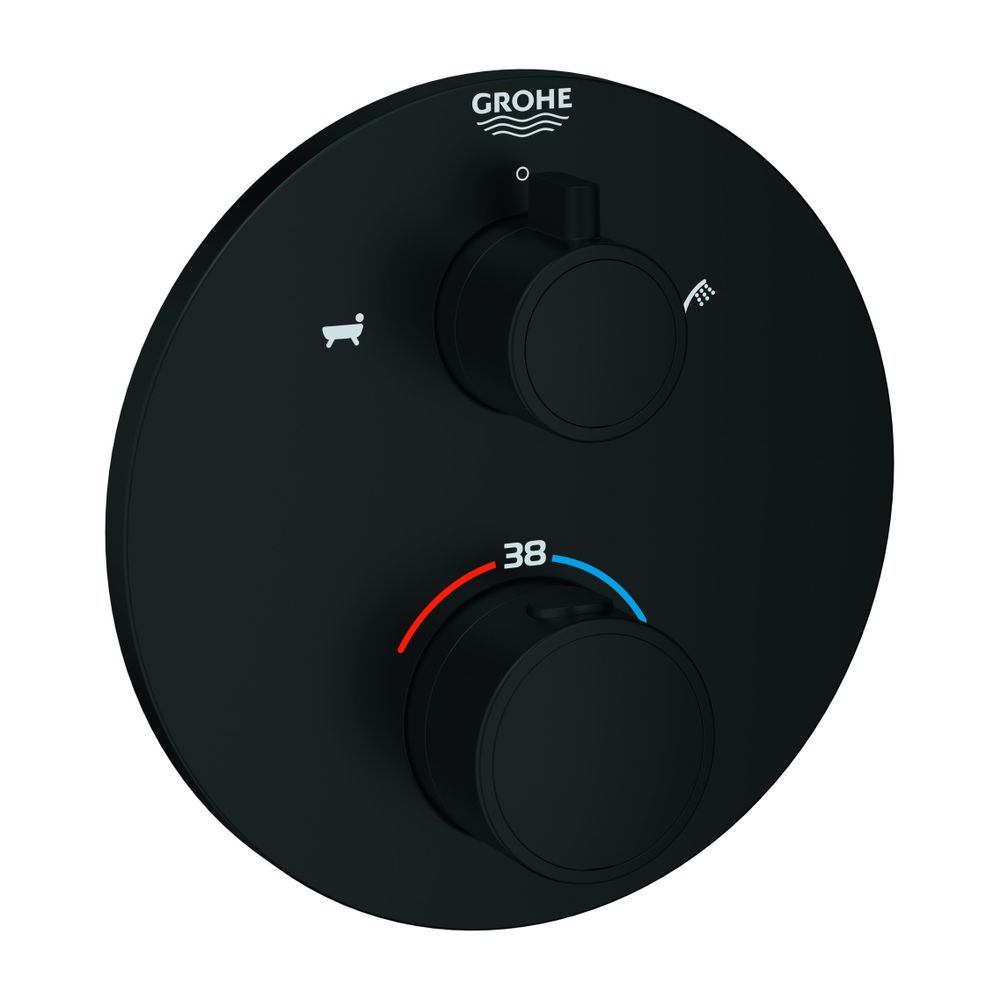 Grohe Robinetterie thermostatique Grohtherm pour baignoire, ronde, avec commutation 2 voies intégrée, kit de montage prêt à l'emploi pour Rapido SmartBox, Noir mat