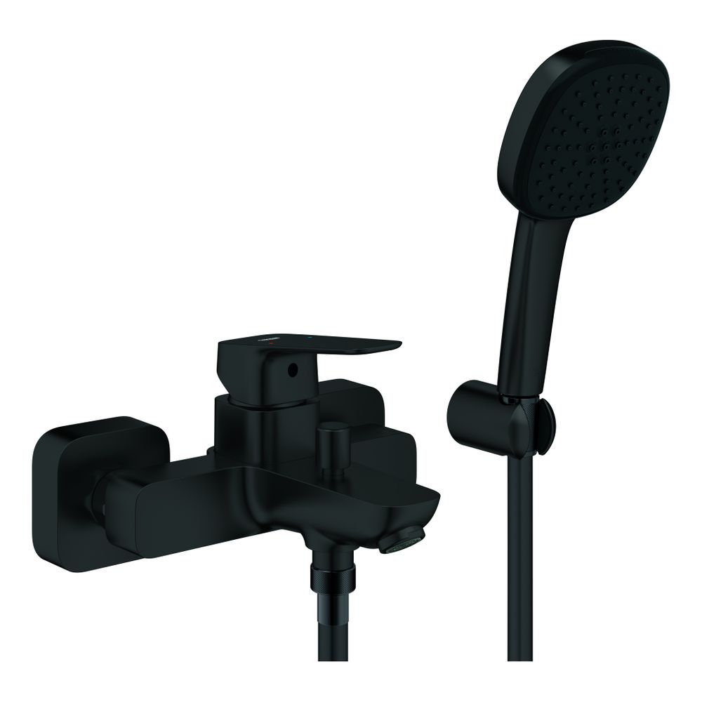 Grohe Cubeo Mitigeur monotrou pour baignoire, montage mural, avec set de fixation mural Tempesta 110 Cube, raccords S, anti-retour intégré, Noir mat