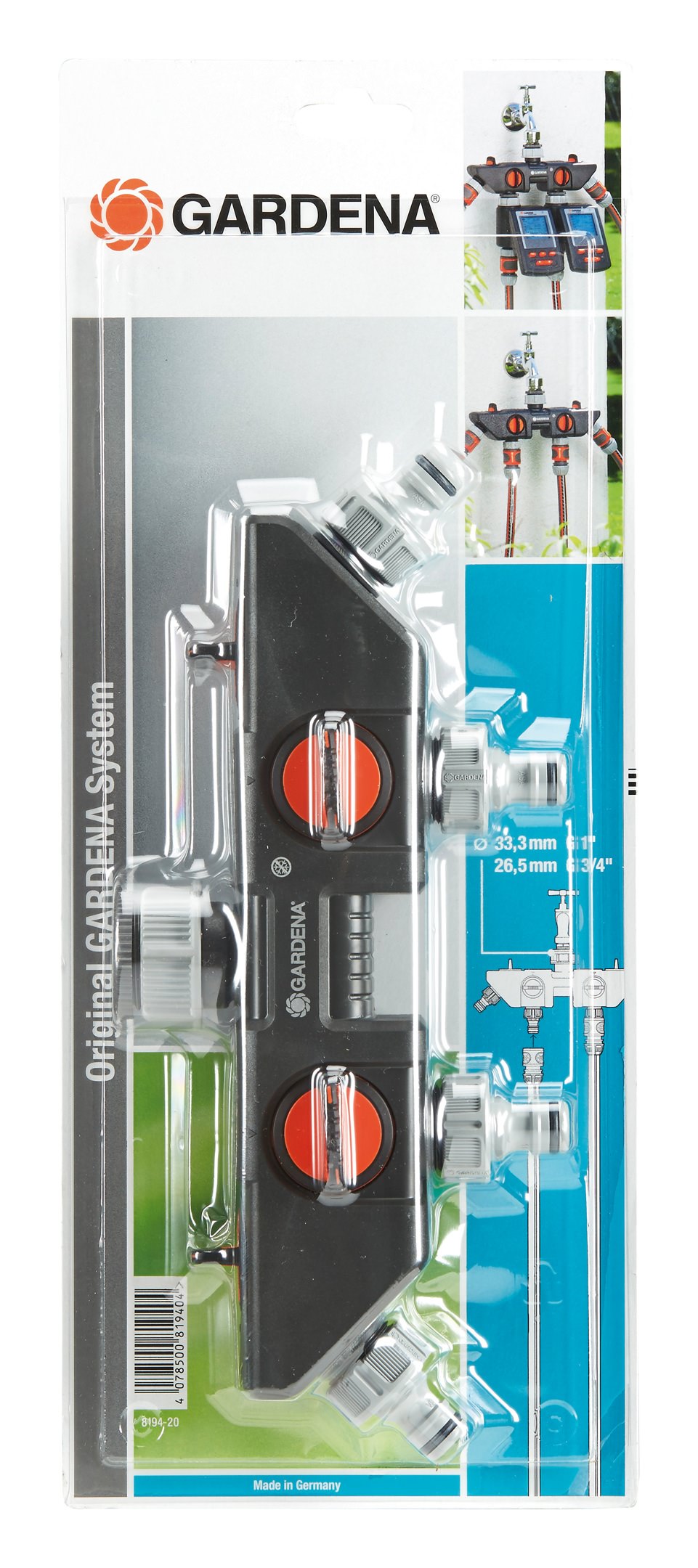 Distributeur 4 voies GARDENA, 33,3 mm (G 1"), 26,5 mm (G 3/4") 8194-20