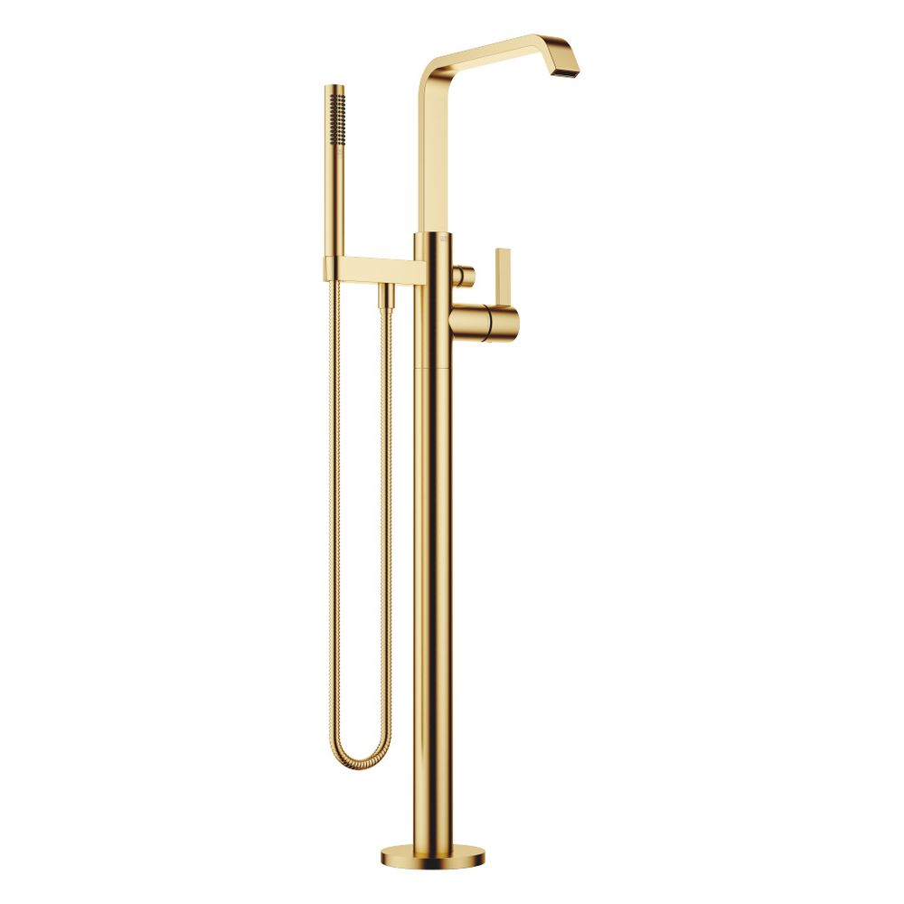 Robinetterie de baignoire à un seul levier Dornbracht IMO, version sur pied avec colonne, bec verseur Schwall de 279 mm, or brossé PVD
