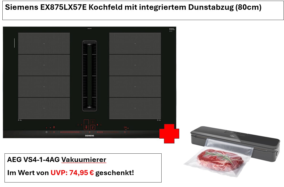 Plaque de cuisson Siemens EX875LX57E avec hotte intégrée (80 cm) + Set de poêles Inventum IPS437RVS 4 pièces