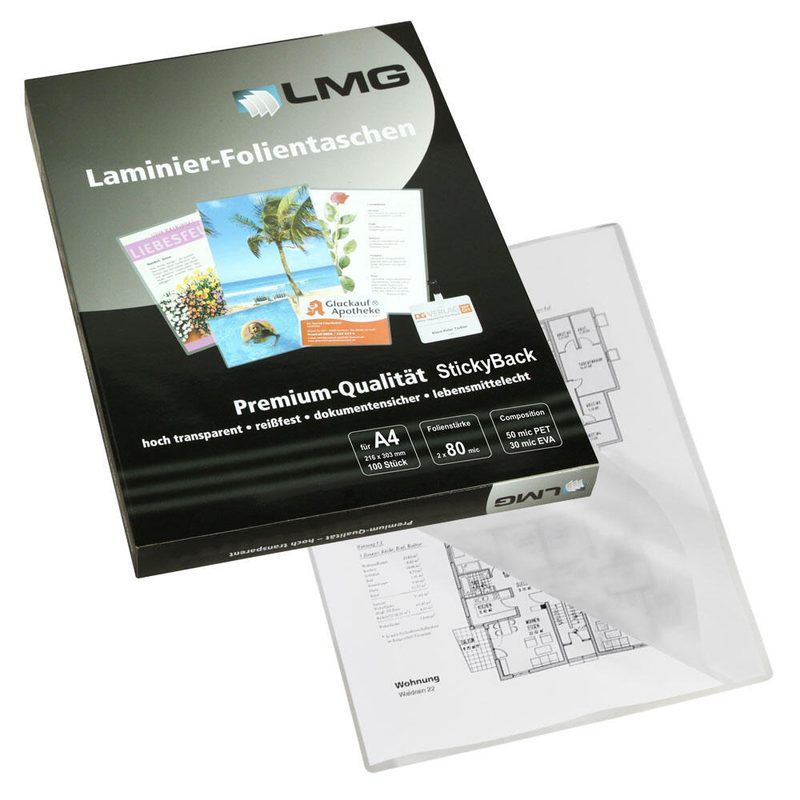 Feuilles de laminage LMG brillantes 80 microns A4 - 1 paquet = 100 feuilles — lot de 100 pièces