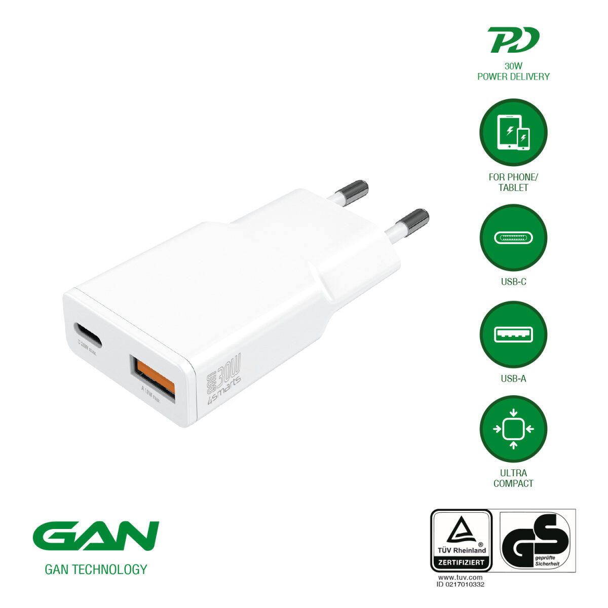 Chargeur secteur 4smarts PDPlug Slim Duos 30W GaN 1C+1A, blanc