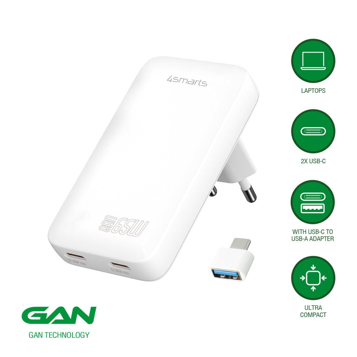 Chargeur secteur 4smarts FlatPlug Slim Dual 65W GaN 2C, blanc avec adaptateurs EU et US