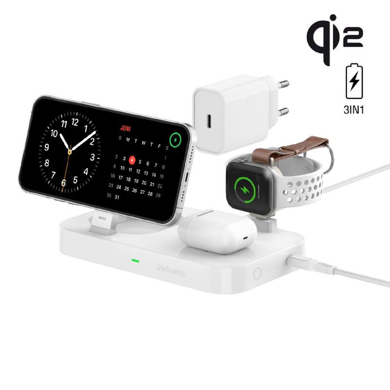 Station de charge Qi2 Trident 4smarts avec chargeur pour Apple Watch, câble 1,5 m, blanc