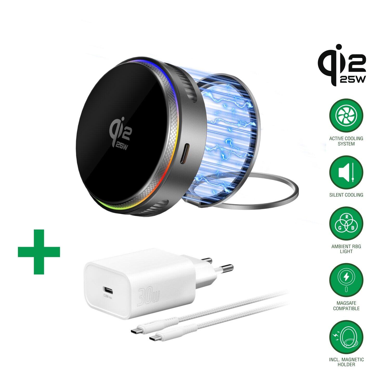 Set chargeur Qi2 25W / MagSafe 4smarts avec refroidissement, RGB, câble 1,5 m, gris espace