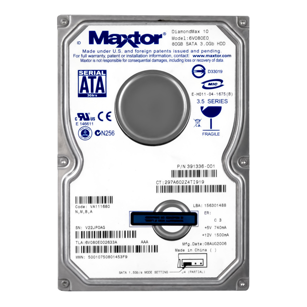 MAXTOR DiamondMax 10 80 Go 7 200 tr/min 8 Mo SATA II 3,5'' 6V080E0