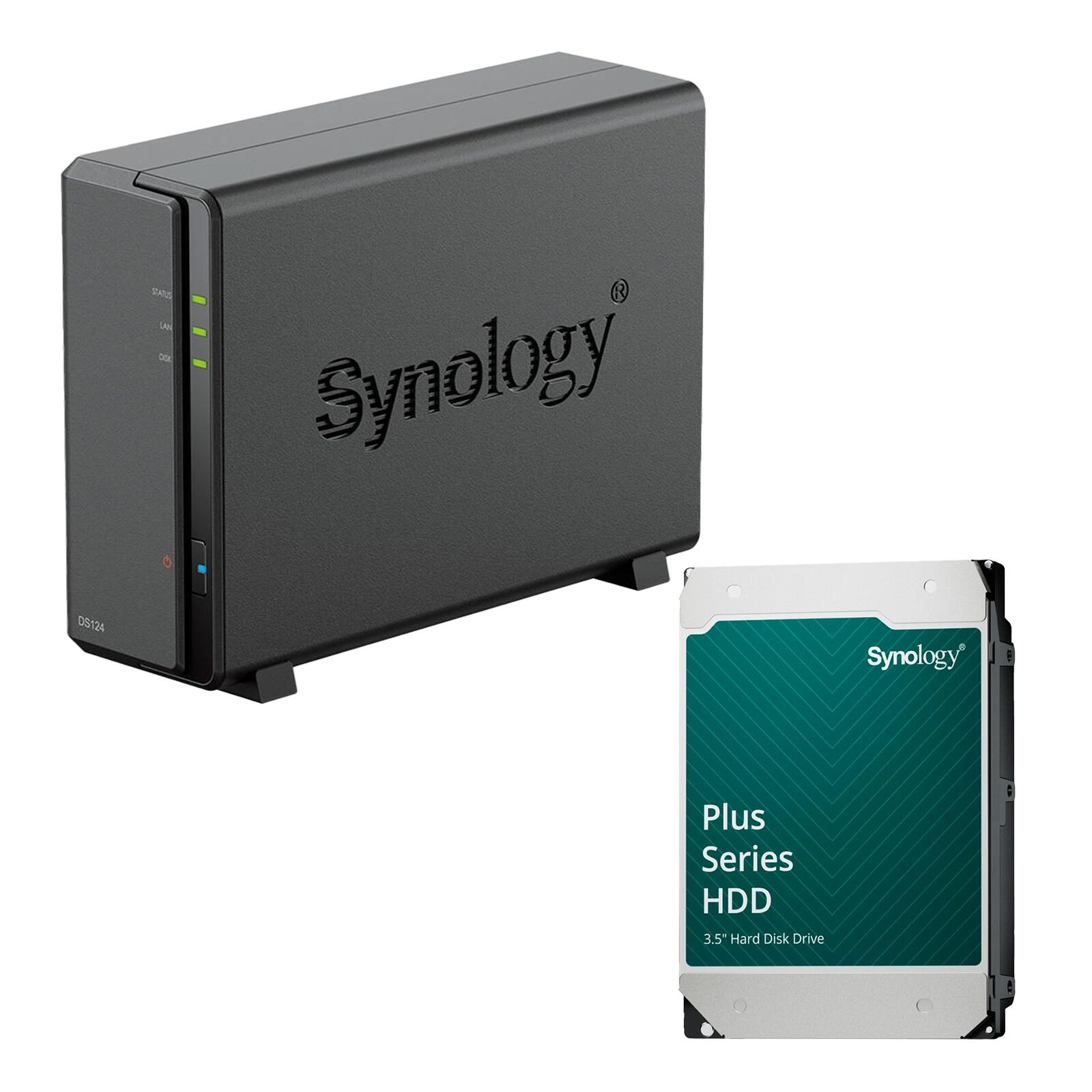 Synology DiskStation DS124 Serveur NAS 1 baie Boîtier vide + 1x Synology Plus Disque dur 3,5" SATA 6 Gb/s 12 To