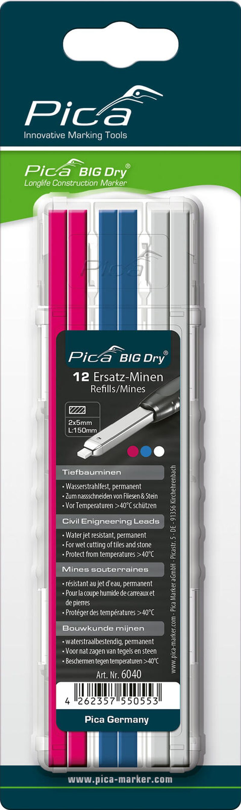 Mines de rechange Pica Big Dry Tiefbau 6040 pour crayon marqueur de profondeur - assorties 1 pack = 12 pièces — lot de 12 pièces