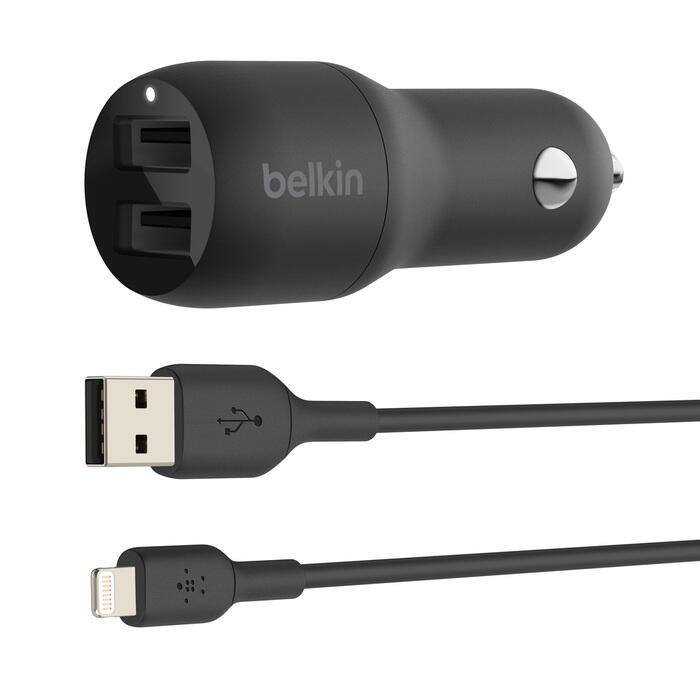 Chargeur de voiture Belkin BoostCharge 24 W 2x USB-A, noir avec câble USB-A/Lightning 1 m