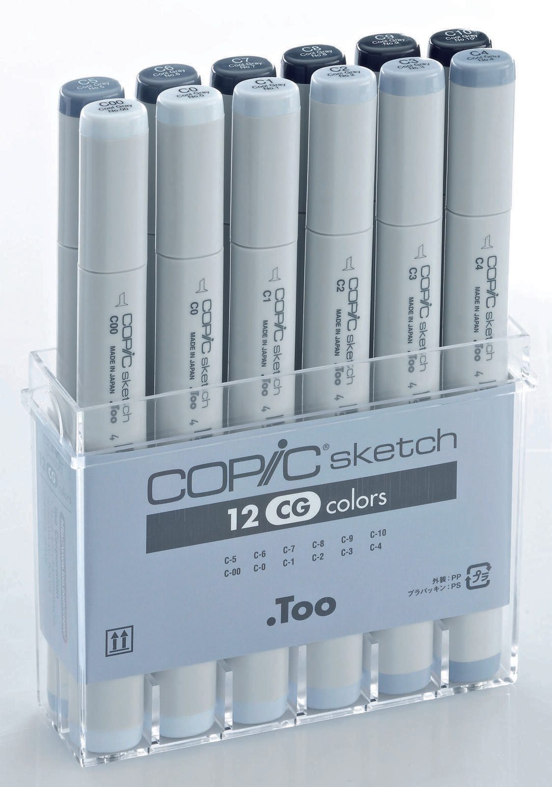 Set de marqueurs COPIC® Sketch 12 couleurs Gris CG (1,0 mm + 6,0 mm) 1 boîte = 12 unités — lot de 12 pièces