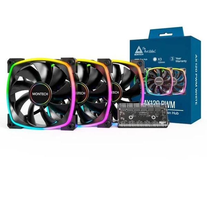 Montech Lüfter 3er Pack AX120 PWM, 120 mm, noir avec éclairage ARGB, contrôle intelligent 4 broches PWM