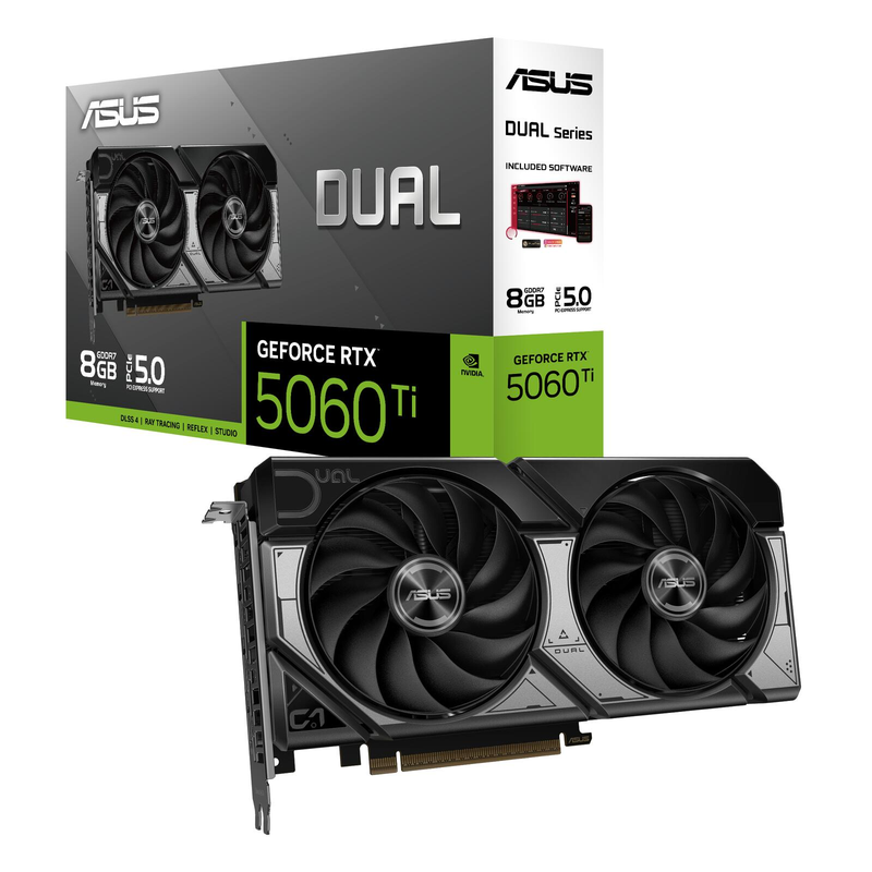 Carte graphique ASUS Dual GeForce RTX 5060 Ti 8 Go GDDR7 gaming, design 2,5 slots, PCIe 5.0, 3x DisplayPort 2.1b, 1x HDMI 2.1b