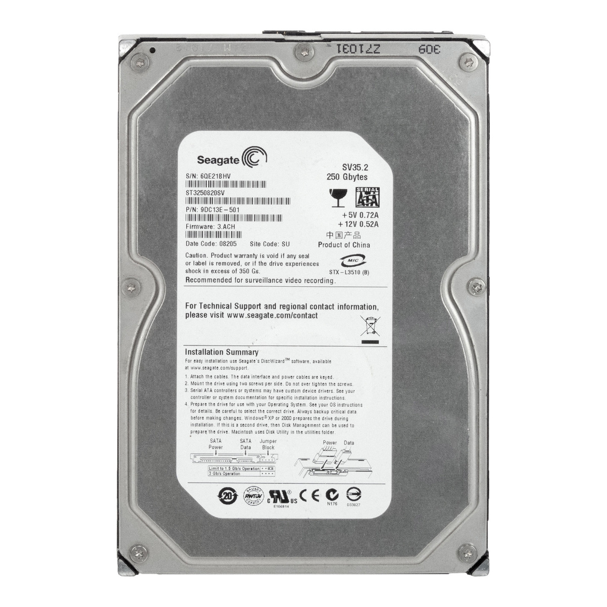 SEAGATE SV35.2 250 Go 7.2K 8 Mo SATA II 3.5'' ST3250820SV