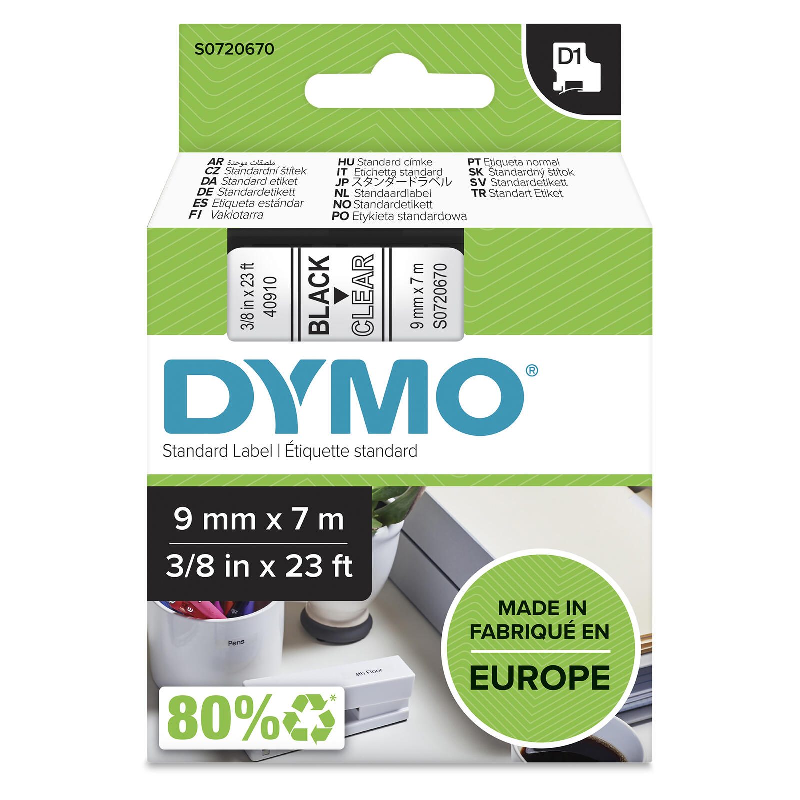Bande d'étiquettes DYMO® Original D1 pour LabelManager™ 9 mm x 7 m - Polyester, repositionnable - noir sur transparent