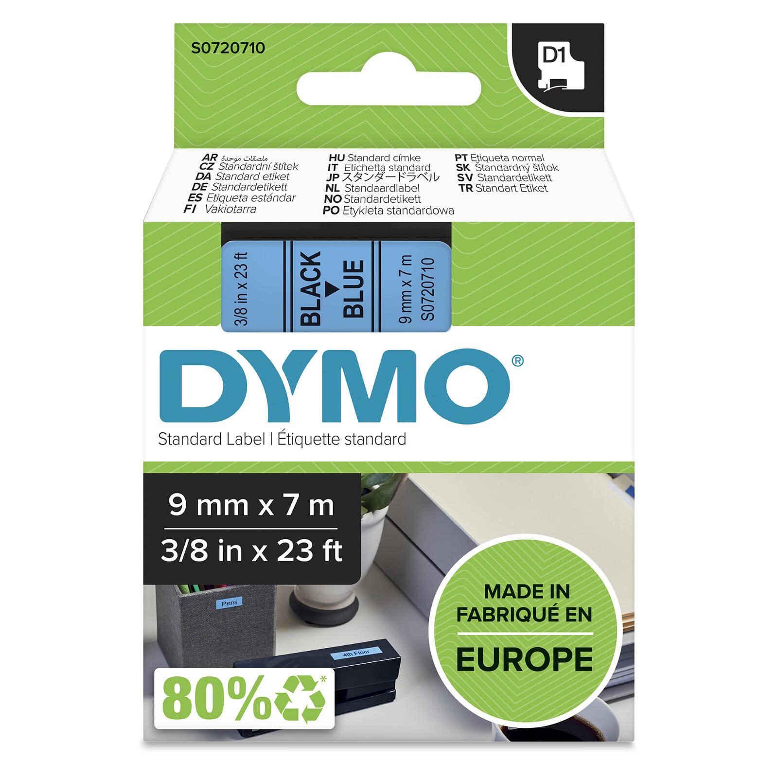 Bande d'étiquettes DYMO® Original D1 pour LabelManager™ 9 mm x 7 m - polyester, repositionnable - noir sur bleu