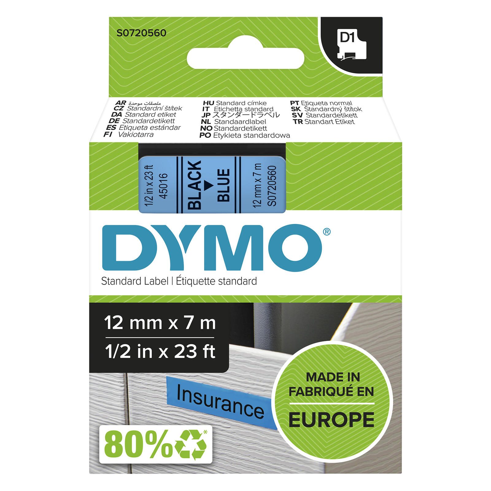 Bande d'étiquettes DYMO® Original D1 pour LabelManager™ 12 mm x 7 m - Polyester, repositionnable - noir sur bleu