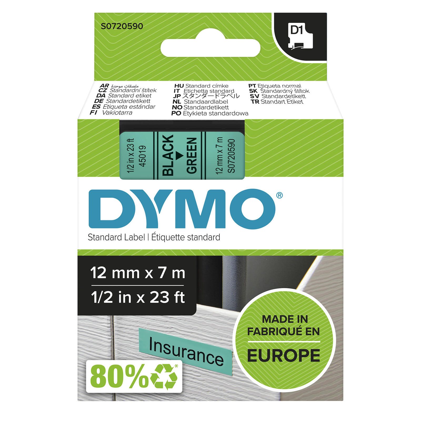 Bande d'étiquettes DYMO® Original D1 pour LabelManager™ 12 mm x 7 m - Polyester, repositionnable - noir sur vert