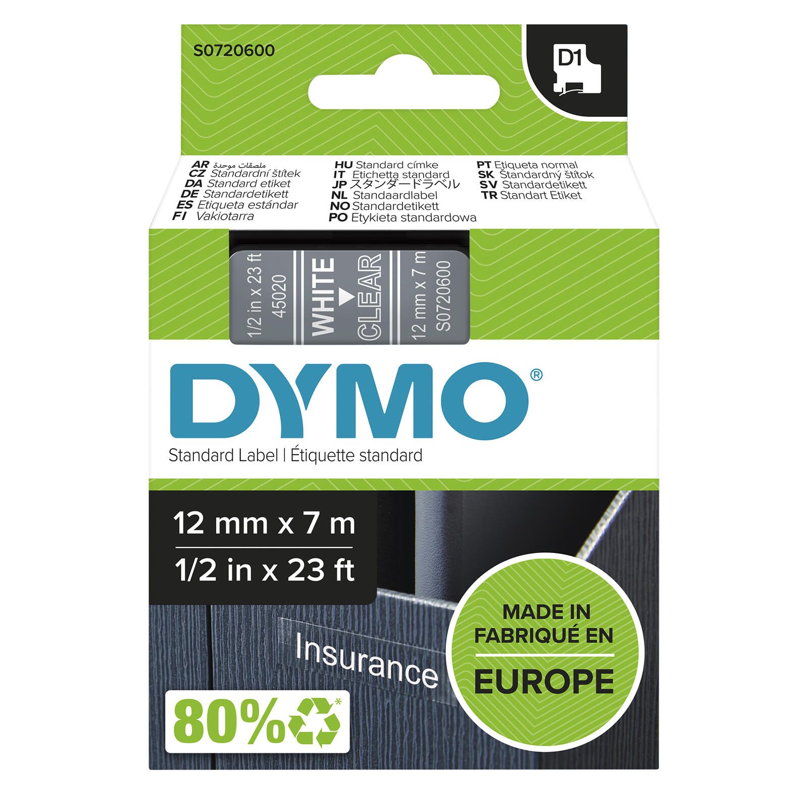 Bande DYMO® Original D1 pour LabelManager™ 12 mm x 7 m - Polyester, repositionnable - blanc sur transparent
