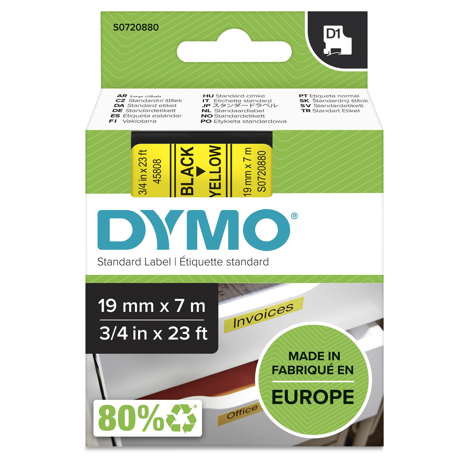 Bande DYMO® D1 originale pour LabelManager™ (19 mm x 7 m) - Polyester, repositionnable - noir sur jaune